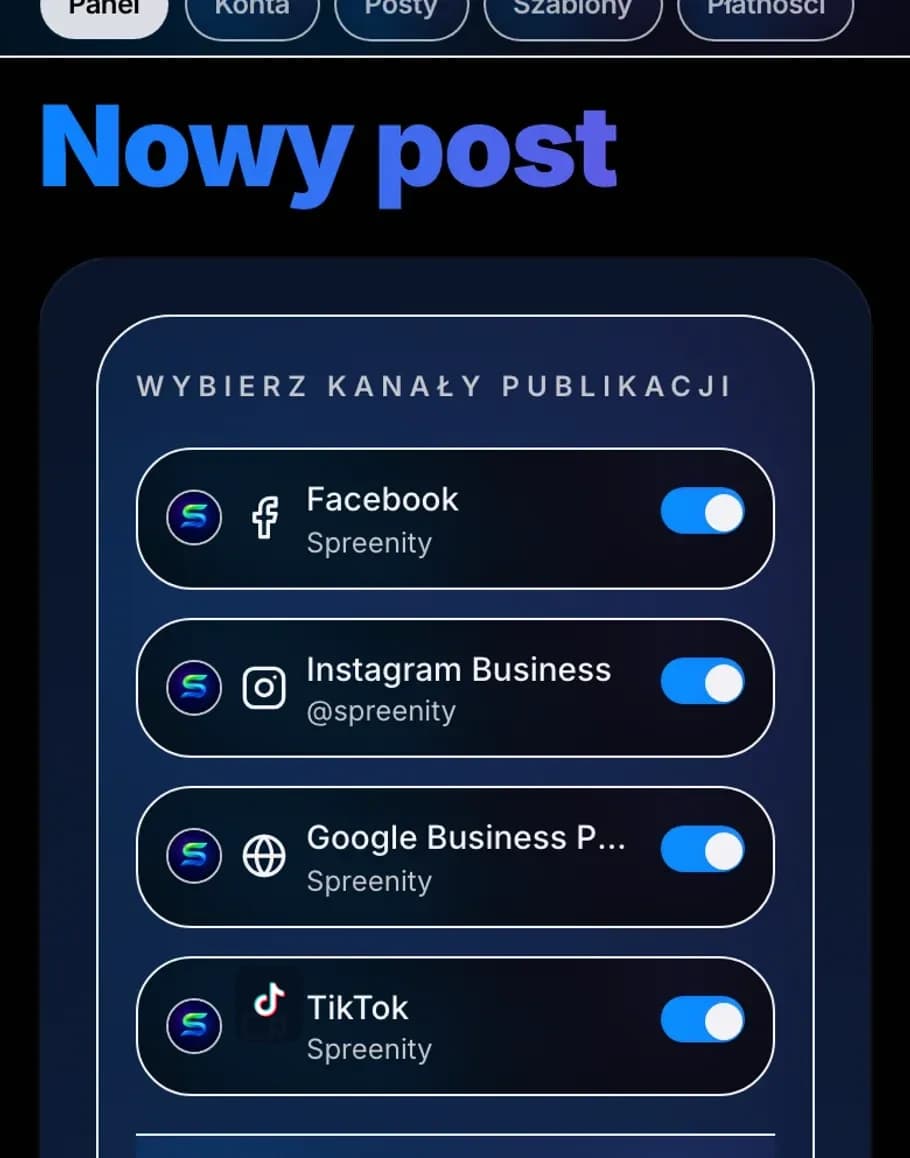 Ekran wyboru kanałów: Facebook, Instagram Business, Google Business Profile i TikTok.