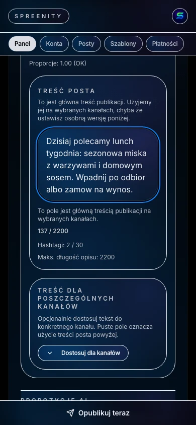 Przygotowanie opisu posta z pomocą AI w Spreenity
