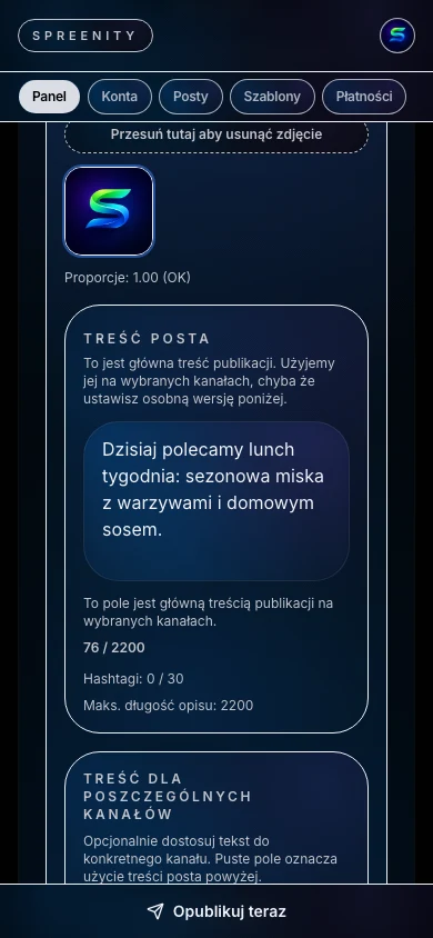 Dodawanie zdjęcia do posta w Spreenity