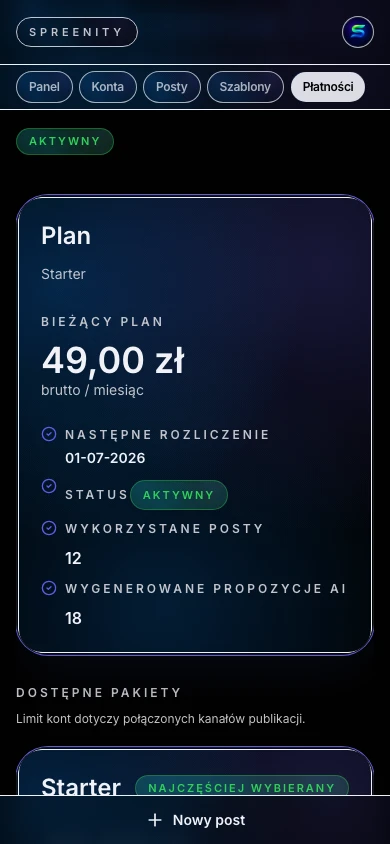 Widok aktywnego planu w rozliczeniach Spreenity