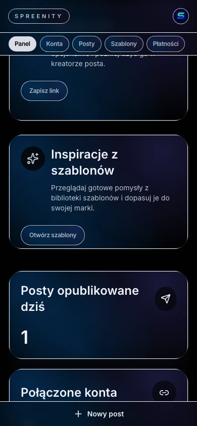 Panel Spreenity z zapisywaniem linków i szablonami