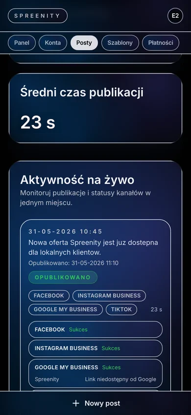 Zaplanowany post w aktywności publikacji Spreenity
