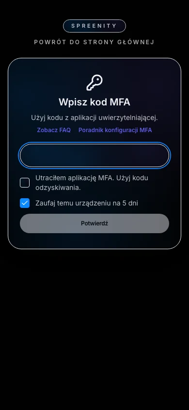 Ekran potwierdzenia MFA w Spreenity z opcją zaufanego urządzenia