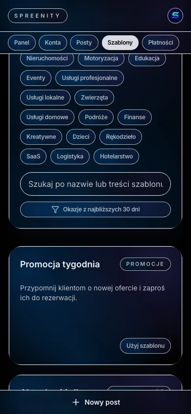 Szablony postów w Spreenity dla powtarzalnych tematów