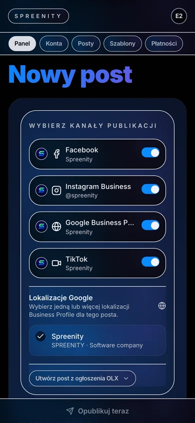 Wybór kanałów przed zaplanowaniem posta w Spreenity