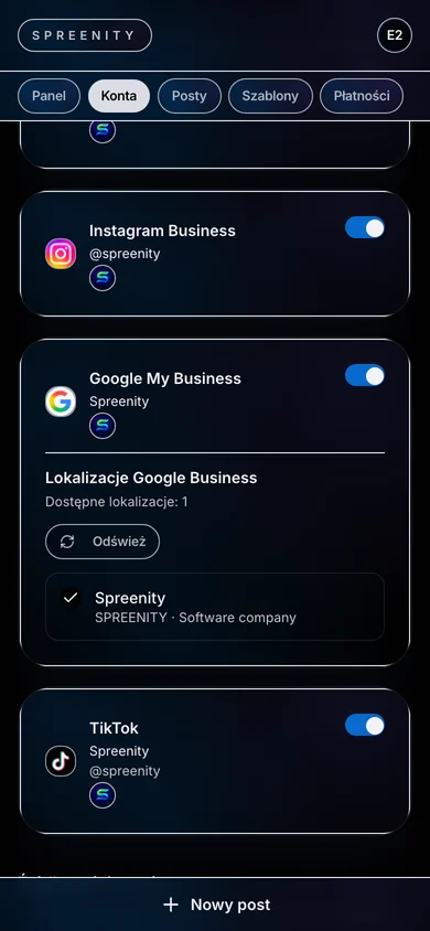 Połączone konta Facebook, Instagram, Google i TikTok w Spreenity